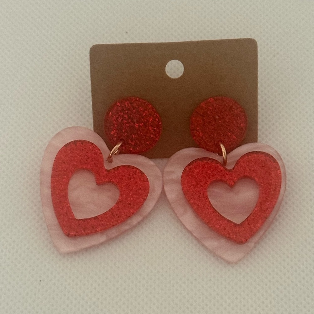 Red & Pink Heart Acrylic Earrings – Glitter Layered Drop – NWT - Picture 4 of 7